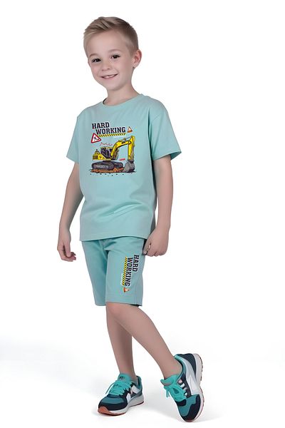 FYK KİDS Children's Tshirt-Shorts Hard Working Printed Bottom Set