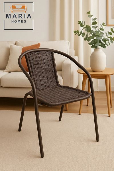 MARIA HOMES Brown Wicker-Style Plastic Chair with Armrest – Durable Stackable Outdoor/Indoor Seating Solution