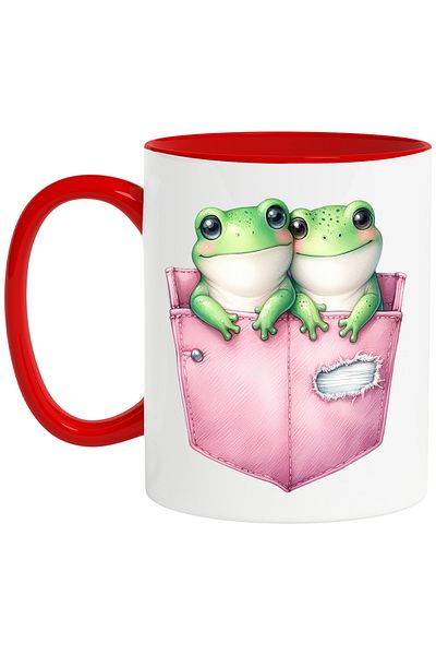 StoryGift Romania Mug with 2 frogs sitting in pockets, illustration, blushing, cheerful, English, With, STG
