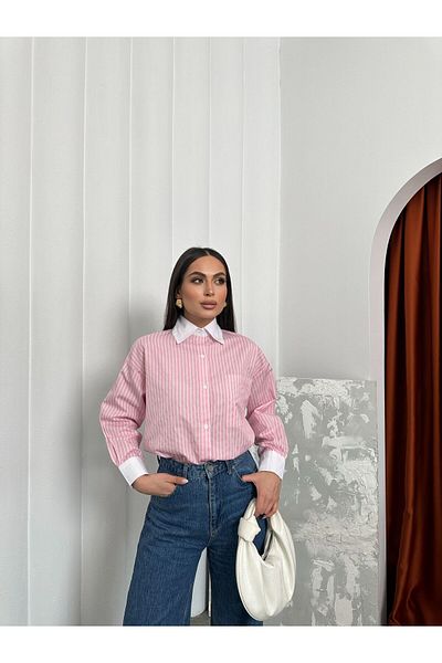 maf collection Women's Pink Long Sleeve Striped Shirt