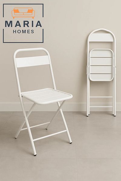 MARIA HOMES White Metal Folding Chair with Slatted Design – Lightweight and Compact for Indoor/Outdoor Use