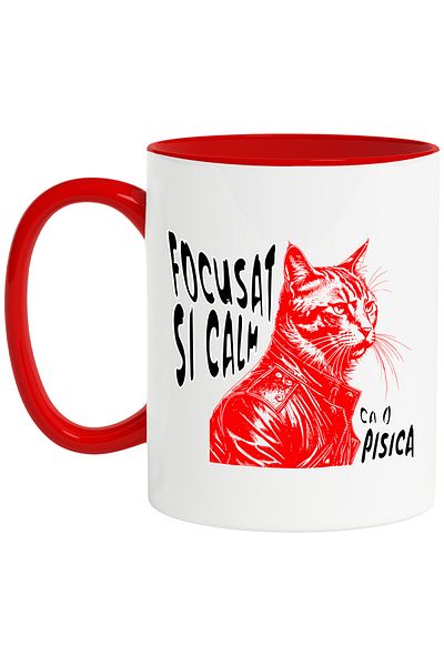 StoryGift Romania Cat in leather jacket mug with text I AM CALM AND FOCUSED LIKE A CAT, lovers d, With ,STG