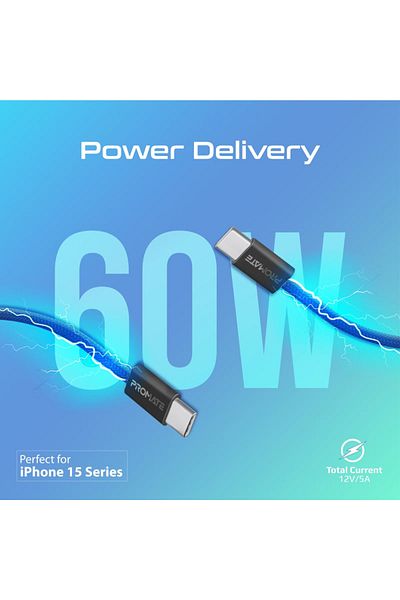 Promate EcoLine-CC120 Ultra-Fast 60W Power Delivery USB-C Cable - 1.2 m - Navy