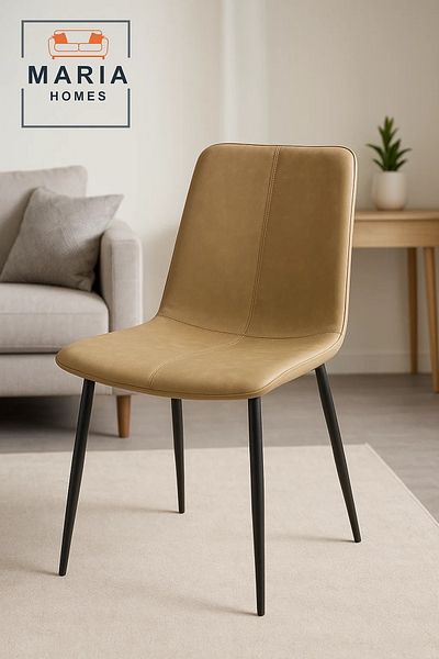 MARIA HOMES Beige Faux Leather Dining Chair with Stitch Detail and Black Metal Legs – Modern Minimalist Design