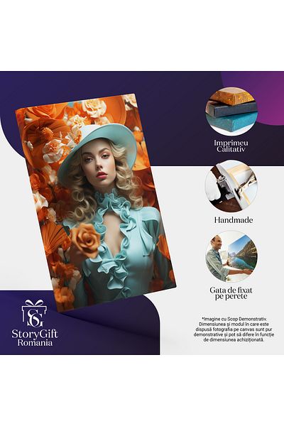 StoryGift Romania Tablou Canvas: Portret Feminin European Doamna In Bleu Cu Pălărie Și Flori Portocalii Pictura D