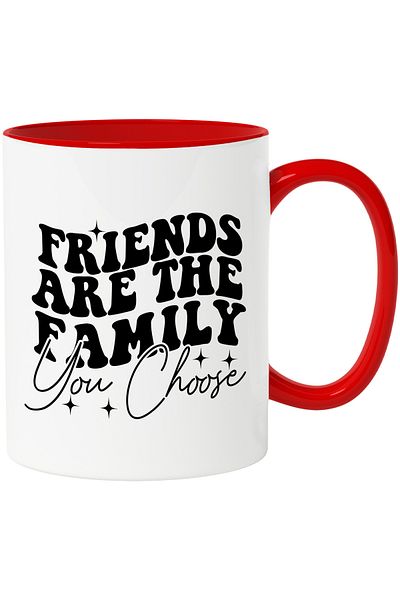 StoryGift Romania Mug with the message "Friends are the family you choose" with Red Handle, Cu Mane, STG