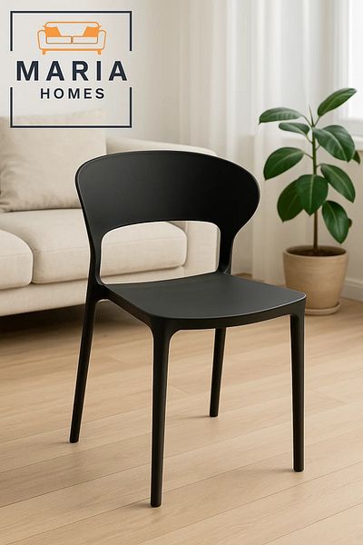 MARIA HOMES Black Modern Plastic Dining Chair – Ergonomic Curved Back Chair for Home, Office or Café Seating