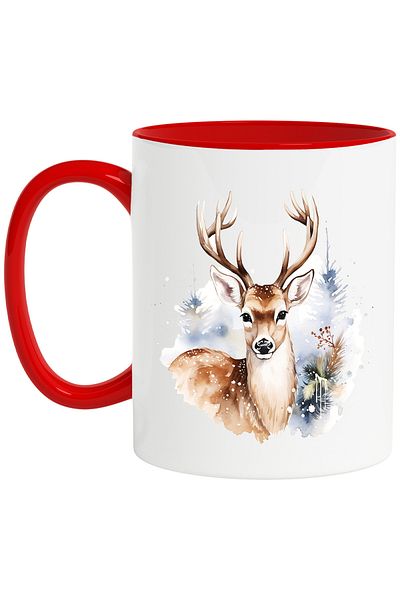 StoryGift Romania Mug with a deer, illustration, in the forest, nature, fir trees, grasses, view with Handle, With ,STG