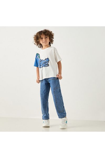 Juniors تي شيرت مطبوع برقبة دائرية وأكمام قصيرة