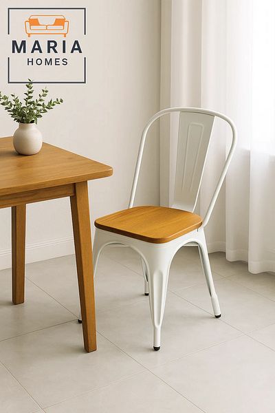 MARIA HOMES White Industrial Metal Chair with Wooden Seat – Modern Vintage Dining Chair