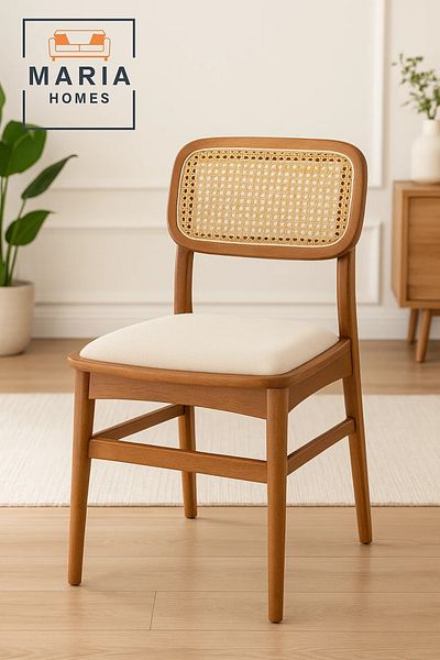 MARIA HOMES Wooden Dining Chair with Cane Backrest and Beige Upholstered Seat – Vintage Rattan Accent Chair