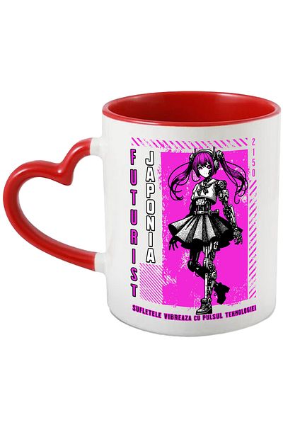 StoryGift Romania Futuristic Japan Robot Girl with Tails Mug, 330ml, Ceramic with Red Heart Handle, With ,STG
