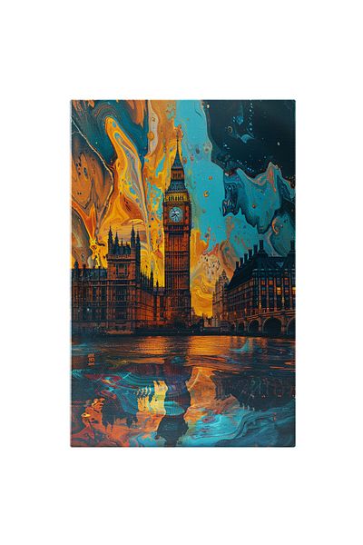StoryGift Romania Tablou Canvas: Pictură Big Ben, Nuanțe Reci Și Calde De Albastru Și Portocaliu- Arhitectură Și