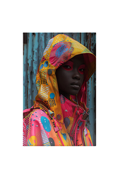 StoryGift Romania Tablou Canvas Negresa Cu Fard Roz La Ochi In Geaca Subtire Colorata Cu Buzele Mari, Femeie Din