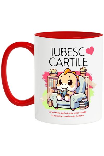 StoryGift Romania Mug Dinosaur on armchair reading text I'm reading books, 330ml, Ceramic with Red Handle, With ,STG