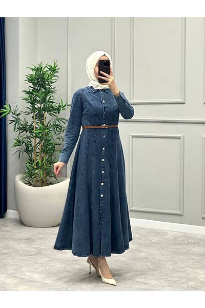 OlaLady Γυναικείο τζιν φόρεμα Hijab με λεπτομέρεια δερμάτινη ζώνη