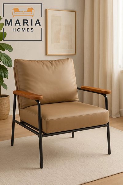 MARIA HOMES Beige Faux Leather Lounge Chair – Wooden Armrests & Metal Frame for Modern Living Room or Office