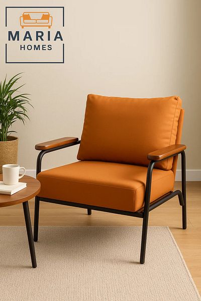MARIA HOMES Modern Lounge Chair with Orange Faux Leather – Wooden Armrests & Metal Frame for Home or Office