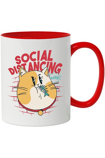 StoryGift Romania Mug With English Message Social Distancing, Cat, Fish, Collar, Multicolor 33, With ,STG
