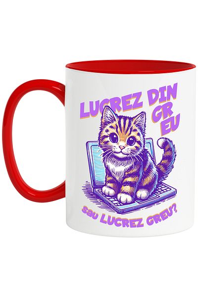 StoryGift Romania Laptop Cat Mug with funny message _I work hard_, 330ml, Ceramic with Red Handle, With ,STG