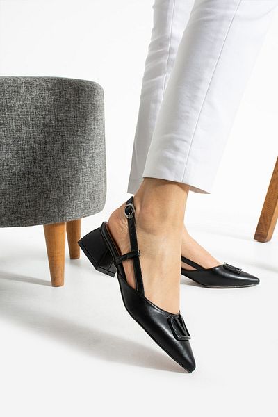 AlbiShoes Tocuri pătrate de damă, 4 cm, vârf ascuțit, cu cataramă în V, detaliu, birou, pantofi de zi cu zi pentru femei
