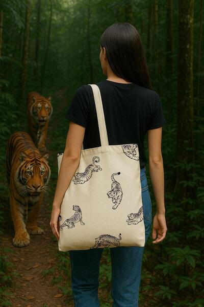 Çınar Bez Çanta Kaplan Baskılı Ham Bez Çanta | 40x45cm