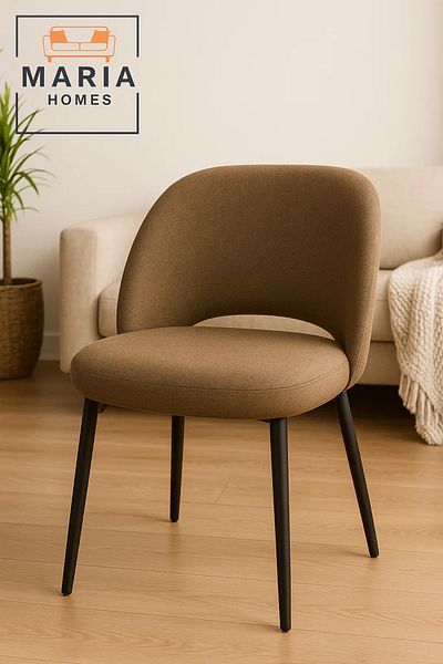 MARIA HOMES Contemporary Brown Fabric Lounge Chair – Curved Back Upholstered Seat with Black Metal Legs