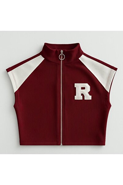 HAKKE Raglan Kollu R Nakışlı Fermuarlı Crop Bluz