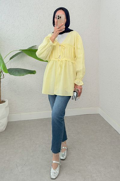 Salih Çelebi Front Gathered Kimono Tunic 2307 - Yellow