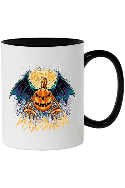 StoryGift Romania Halloween Mug: Pumpkin, Moon, Claws, Hands, Wings, Bat, Multicolor 330 m, With ,STG