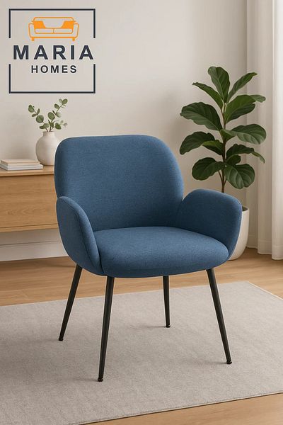 MARIA HOMES Elegant Blue Fabric Armchair with Metal Legs – Perfect for Dining, Office & Lounge
