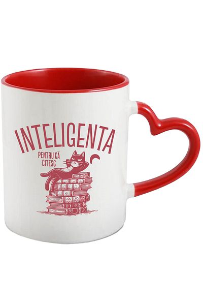 StoryGift Romania Mug Cat lying on books, text INTELLIGENTA DEOREC, 330ml, Ceramic with Handle, With, STG