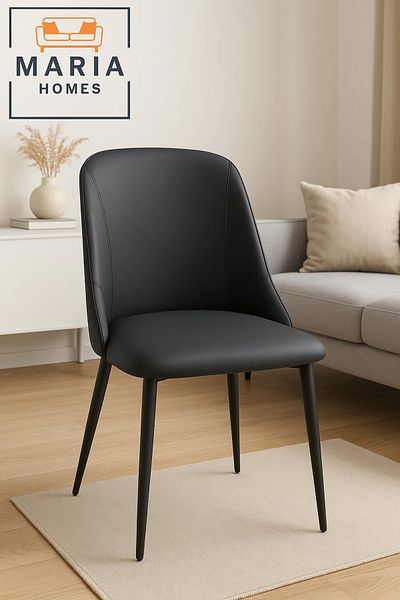 MARIA HOMES Ergonomic Black Faux Leather Dining Chair with Padded Seat and Metal Legs