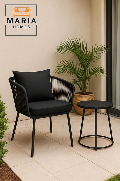 MARIA HOMES Black Outdoor Rope Chair with Cushions – Modern Patio or Balcony Seating