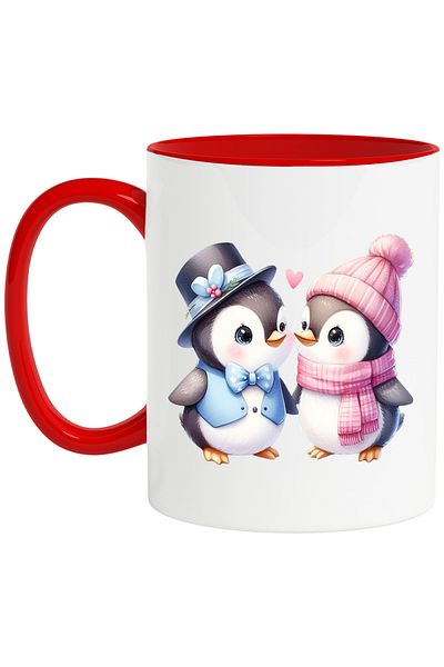 StoryGift Romania Mug with 2 penguins, illustration, heart, joy, friendship, hat, cap,, With ,STG