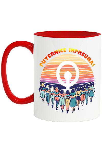 StoryGift Romania More Women More Power Motivational Mug, 330ml, Ceramic with Red Handle, With ,STG