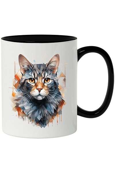 StoryGift Romania Cat Head Mug, Mosaic, Geometric, Stripes, Triangle, Multicolor 330 ml, Ce, Cu,STG