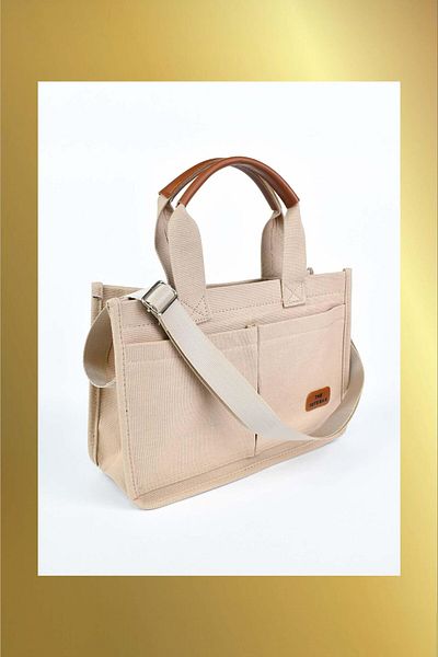 Biriz Moda Women's Canvas Fabric Multi-Compartment Daily Hand and Shoulder Bag - Mink