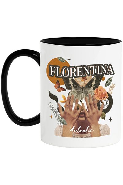 StoryGift Romania Mug With Name Florentina, Girl Collage, Butterfly, Flowers, Circle, 330ml, Ceramic with , With ,STG