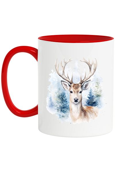 StoryGift Romania Mug with a deer in the forest, illustration, snow, fir trees, landscape, wild animal with , With ,STG