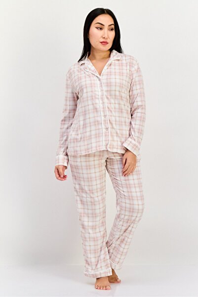 Anne Klein Women 2 Pieces Checkered Top And Pajama Set, Ivory