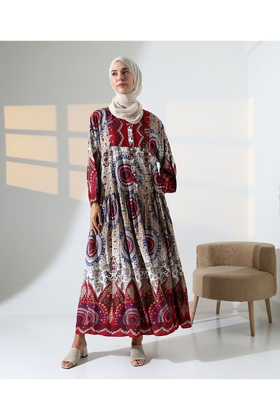 Mihran Butik Women's 100% Cotton Viscose Patterned Red Hijab Dress