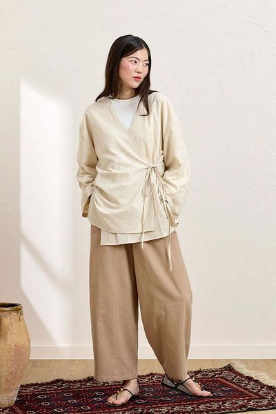 Ceylan Otantik Cream Organic Linen Tunic & Caramel Shalwar Trousers Set