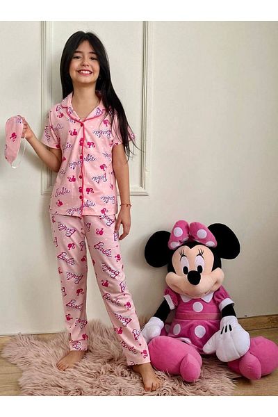 demir kids Patterned and Slogan Pink Front Buttoned Eye Patched Summer (Short-Sleeved) Girl's Pajama Set