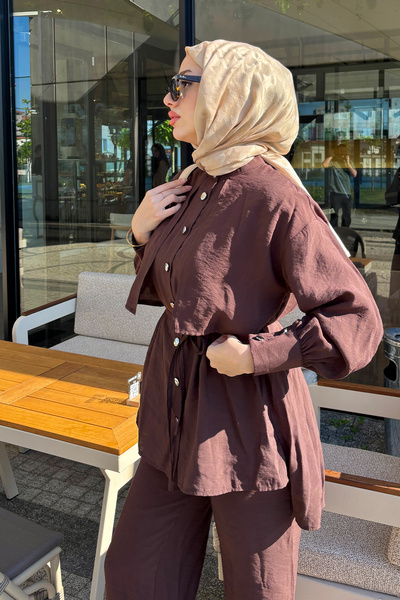 Tesettür Diyarı Women's Summer Fabric Shirt Pants Relaxed Fit Set - Brown