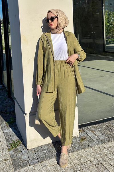Tesettür Diyarı Women's Summer Fabric Zippered Sports Suit-Fat Green