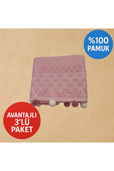 Lobya Olka 3'lü Ponponlu Pembe El ve Yüz Havlusu (50x85)