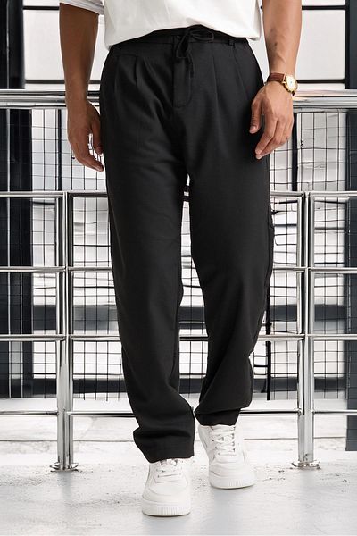 Valiberta Front Double Pleated Zippered Elastic Waist Jogger Men's Trousers - Black
