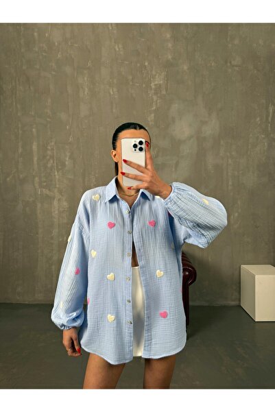 Lusin Cămașă cu mânecă cu balon din țesătură de muselină de calitate premium brodata cu inimă albastră