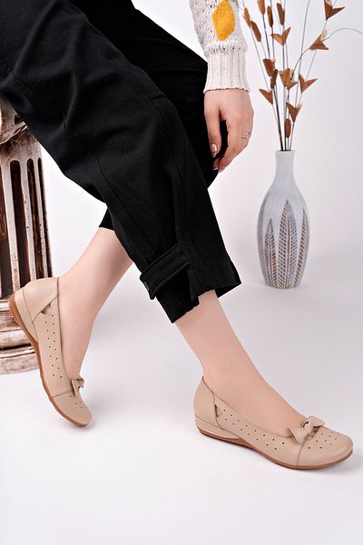 Deripabuc Genuine Leather Beige Women's Leather Ballerinas Trc-2824